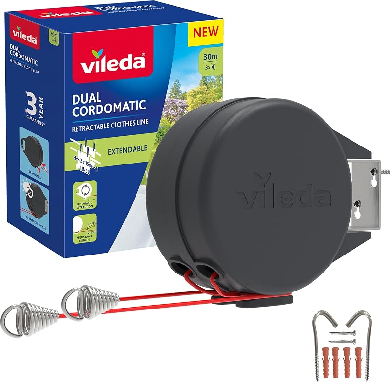 Vileda Dual Cordomatic 30m Retractable Washing Line Garden Indoor Outdoor