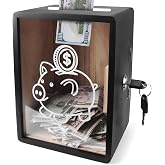 Oranwell Piggy Bank with Lock, Large Money Saving Box Bank Money Container Holder Jar for Cash Saving, Openable Clear Saving Change Coin Jar Cash Box Money Penny Bank for Adults Saver, Black