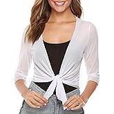 Aiboria Womens 3/4 Sleeve Shrug Sheer Mesh Bolero Tie Front Cropped Cardigan S-XXL