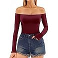 MANGOPOP Off The Shoulder Tops for Women Sexy Long Sleeve T Shirt Slim Fitted Tee Going Out Tops