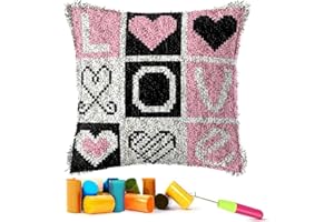 EMISTEM Latch Hook Kits for Adults - Latch Hook Pillow Kits for Kids, Crochet Yarn Kit for Beginners, DIY Needlework Crafts Cover Case with Printed Canvas, Gift Packaging. (Love Words,17x17 inch)
