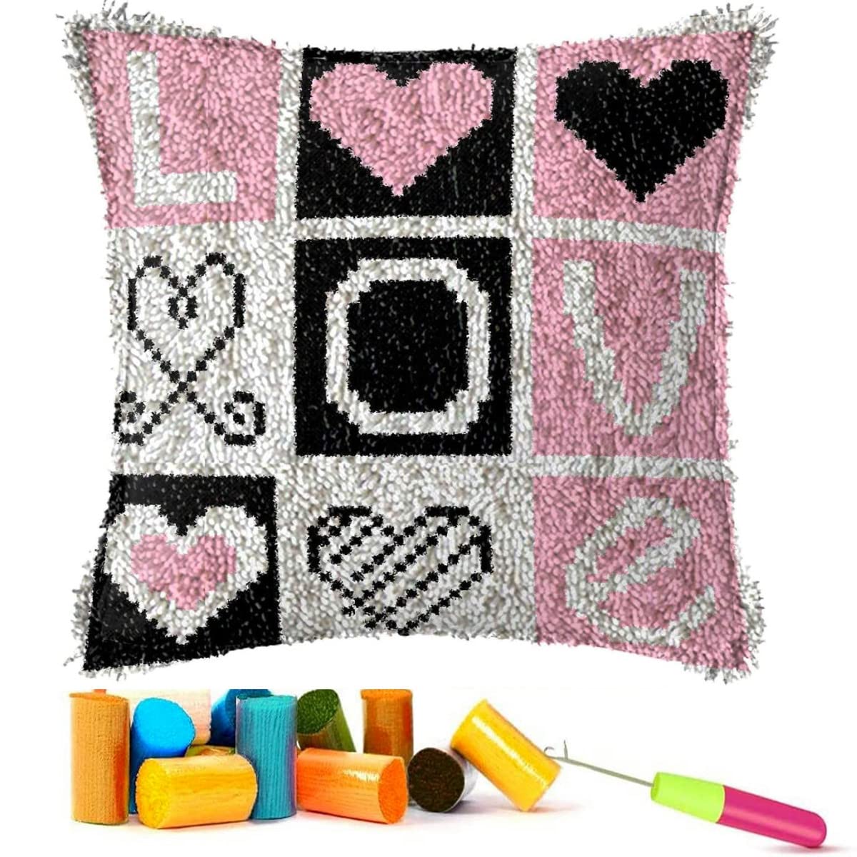 EMISTEM Latch Hook Kits for Adults - Latch Hook Pillow Kits for Kids, Crochet Yarn Kit for Beginners, DIY Needlework Crafts Cover Case with Printed Canvas, Gift Packaging. (Love Words,17x17 inch)