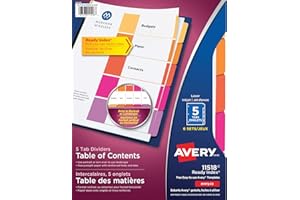 AVERY Ready Index Table of Content Dividers for Laser and Inkjet Printers, Plain Tab, 5 tabs, Multi-Colour, 6 Sets, (11518)