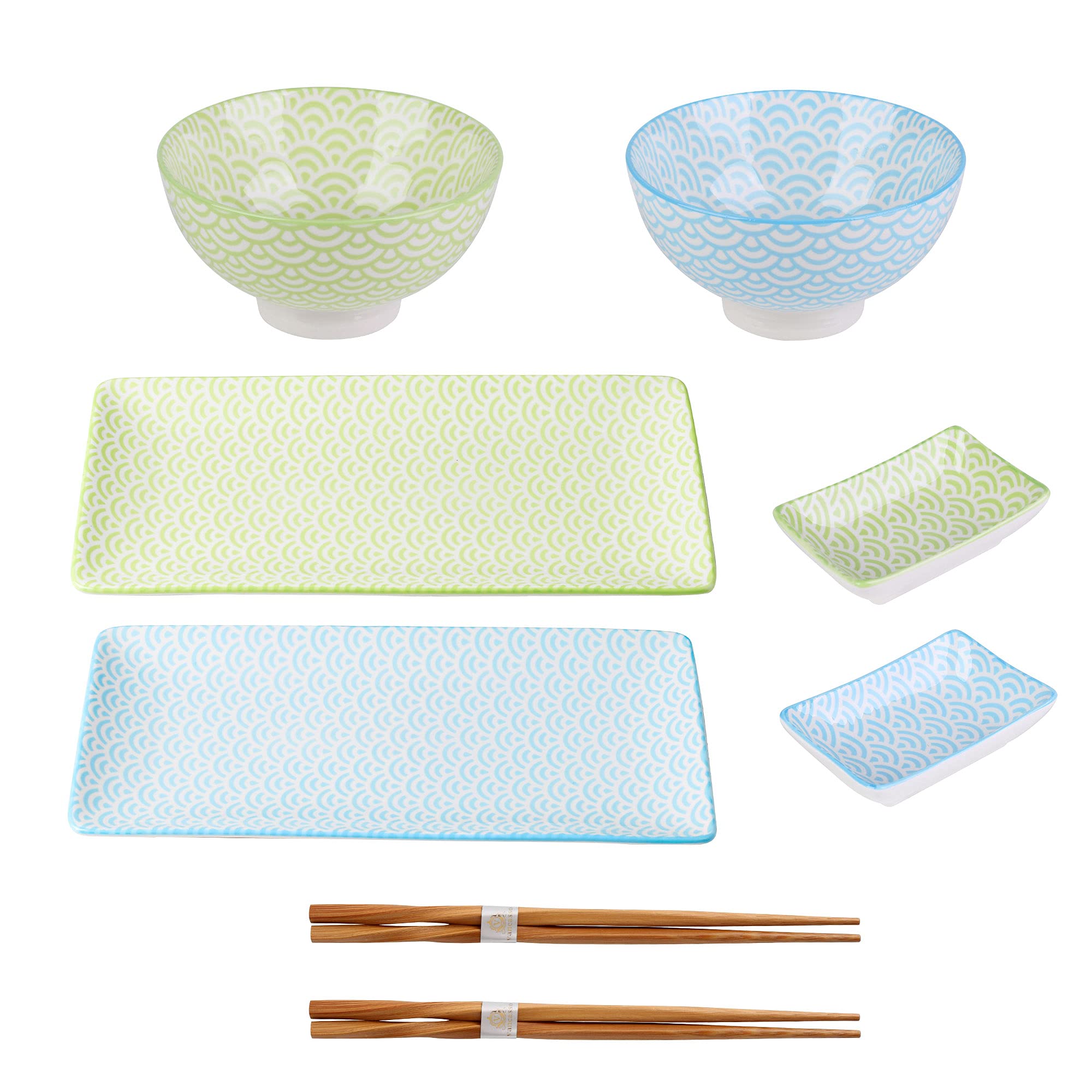 vancasso Natsuki Porcelain Sushi Plate Set for 2, Japanese Style Ceramic Blue Green 8 Pieces Sushi Serving Set, Including Sushi Platters | Sushi Bowls | Dip Bowls | Chopsticks, Gift Box