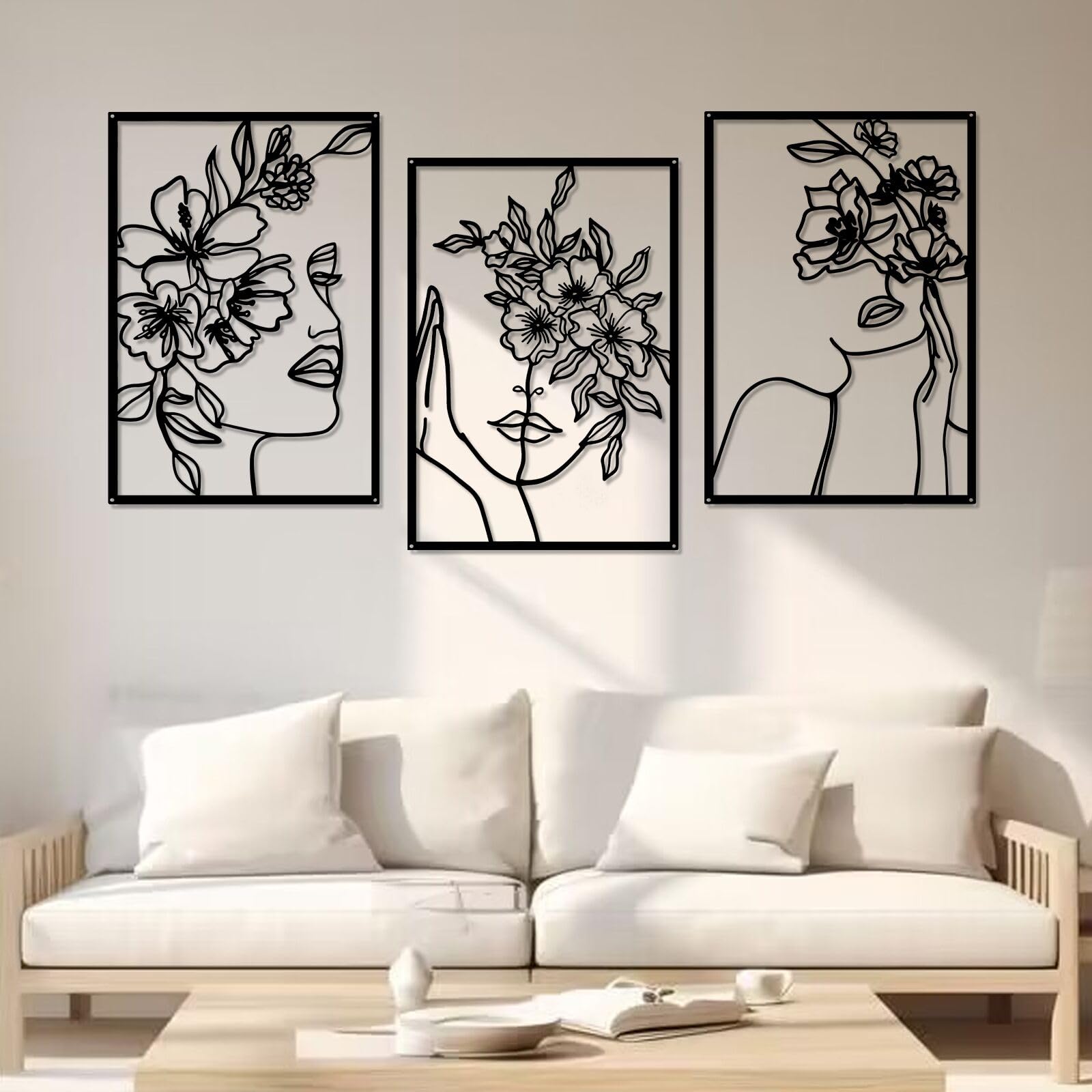 DETENE 3 Pieces Black Metal Wall Decor Minimalist Abstract Metal Wall Art Modern Woman Line Art Decor Single Line Art Décor for Living Room Bedroom Bathroom Kitchen Office