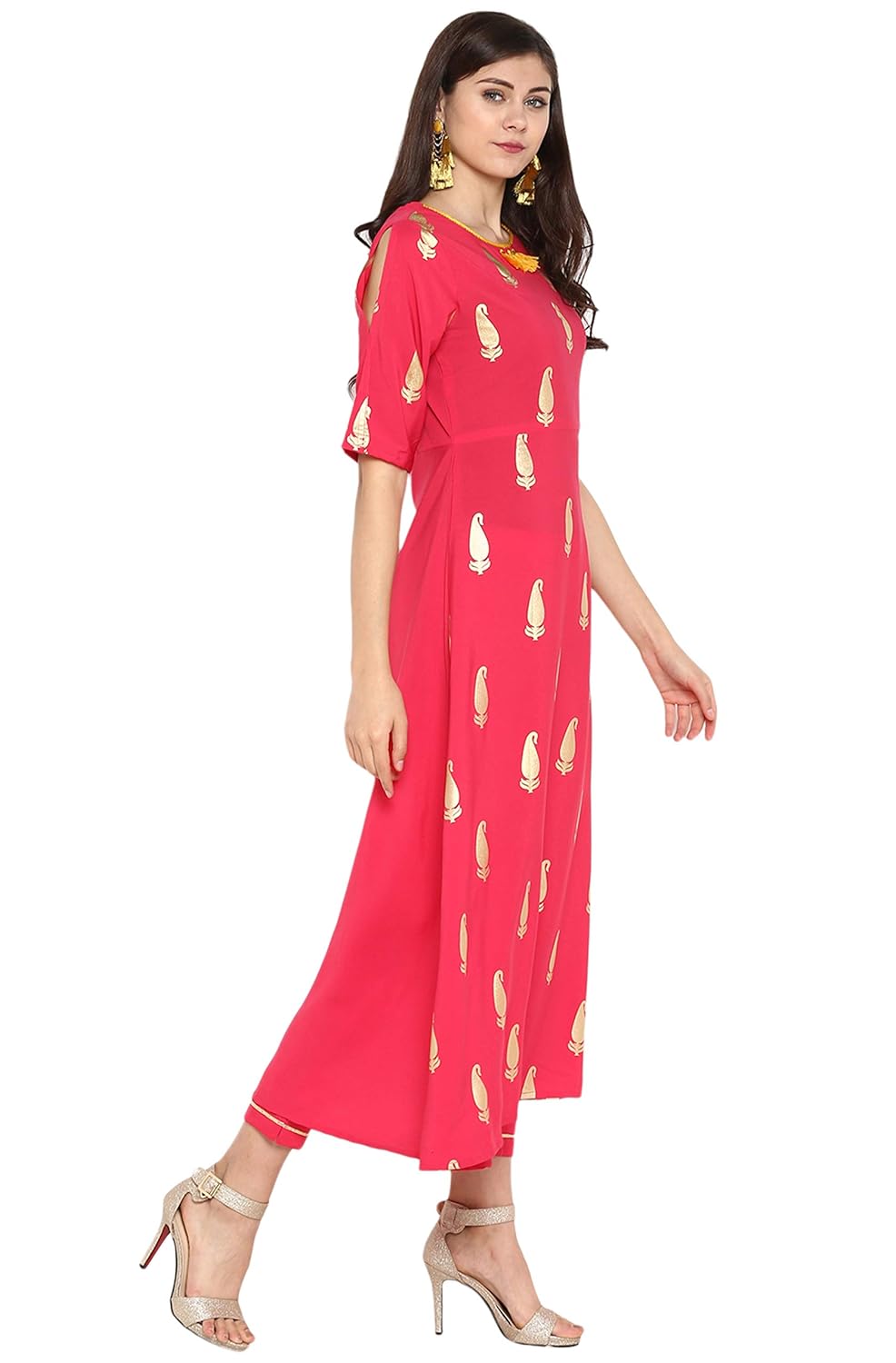 janasya women's crepe foil print a-line kurta with narrow pant