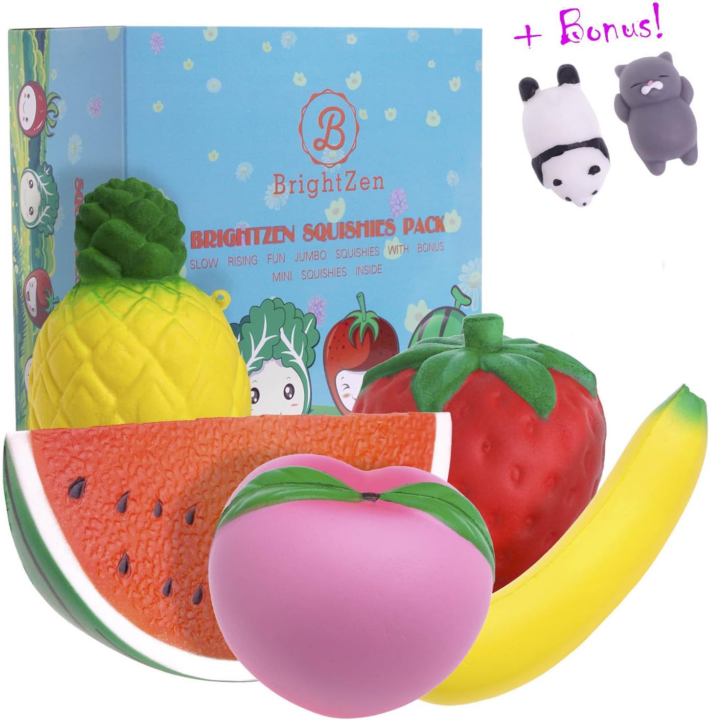 Brightzen Jumbo Squishies Pack Slow Rising Scented - 5 Pcs cute fruit squishy toys with gift box and Bonus mini squishies. Stress Relief Squishys for girls boys Kids Children and Adults