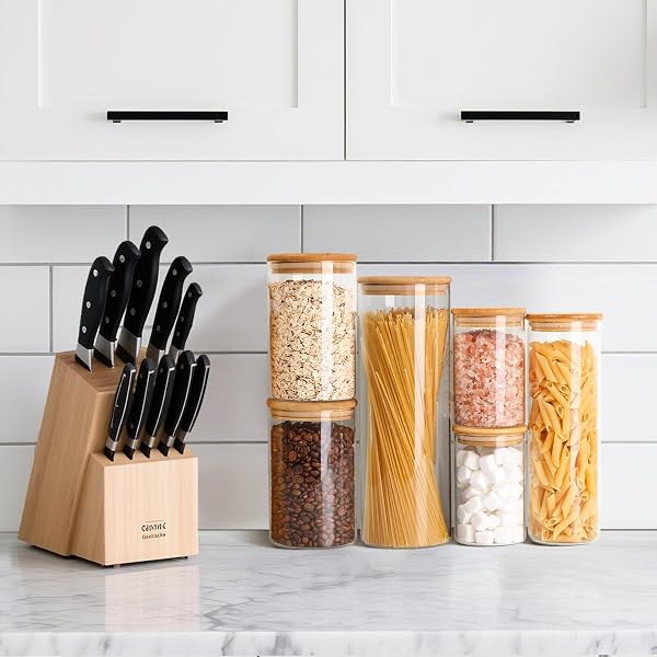 COMSAF GLASS FOOD STORAGE JARS SET OF 6, CLEAR GLASS STORAGE CONTAINERS WITH LIDS, CANISTERS SETS FOR THE KITCHEN, SPAGHETTI, PASTA, FLOUR, NUTS, OAT, COFFEE AND SUGAR CONTAINER, PANTRY ORGANIZATION