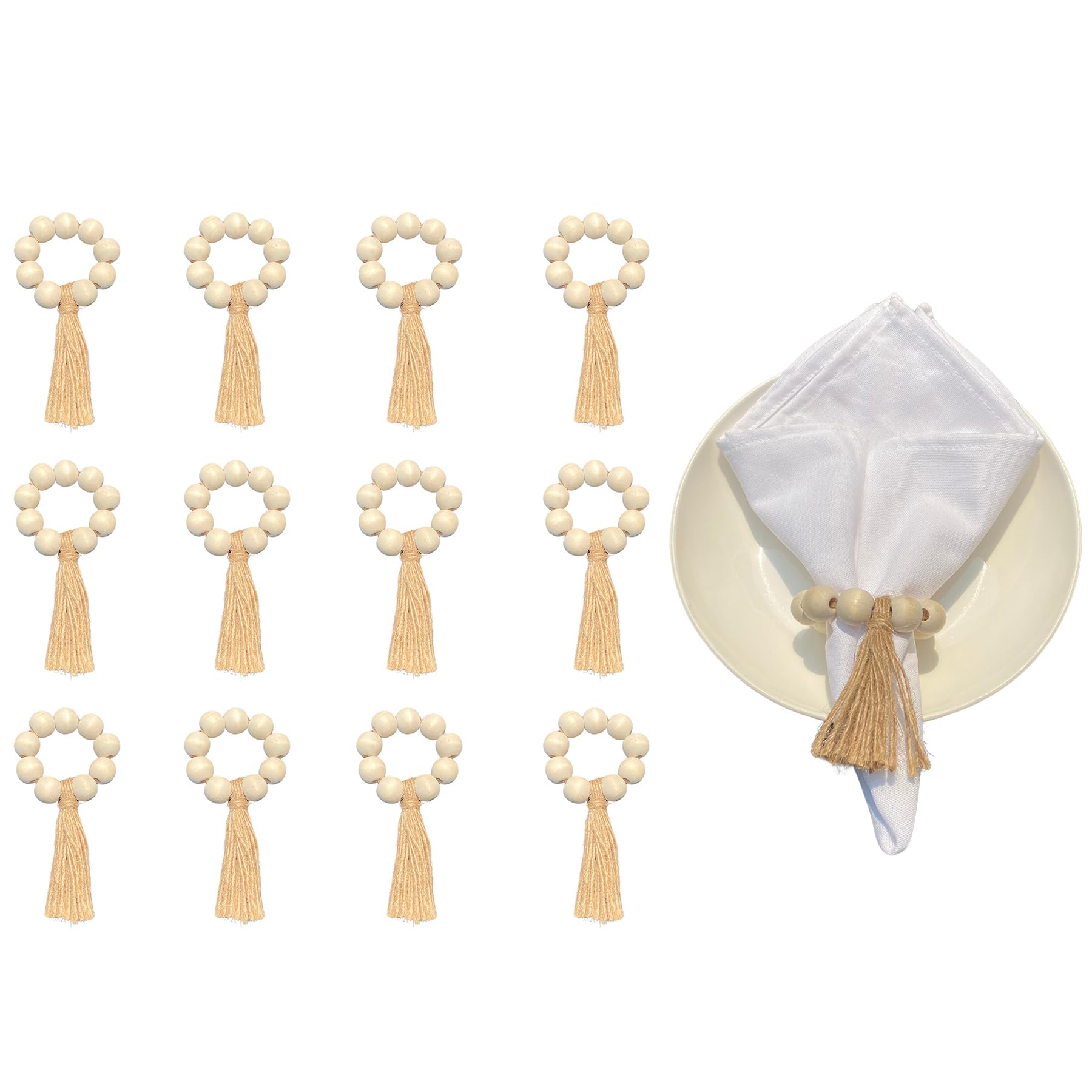 Photo 1 of **ONLY 10****TOKATAN Rustic Wooden Napkin Rings Set of 12, Elegant Table Décor, Handcrafted Boho Farmhouse Beaded Design, with Twine & Tassel, Cedar Wood, Perfect for Christmas, Weddings, and Dinner Party