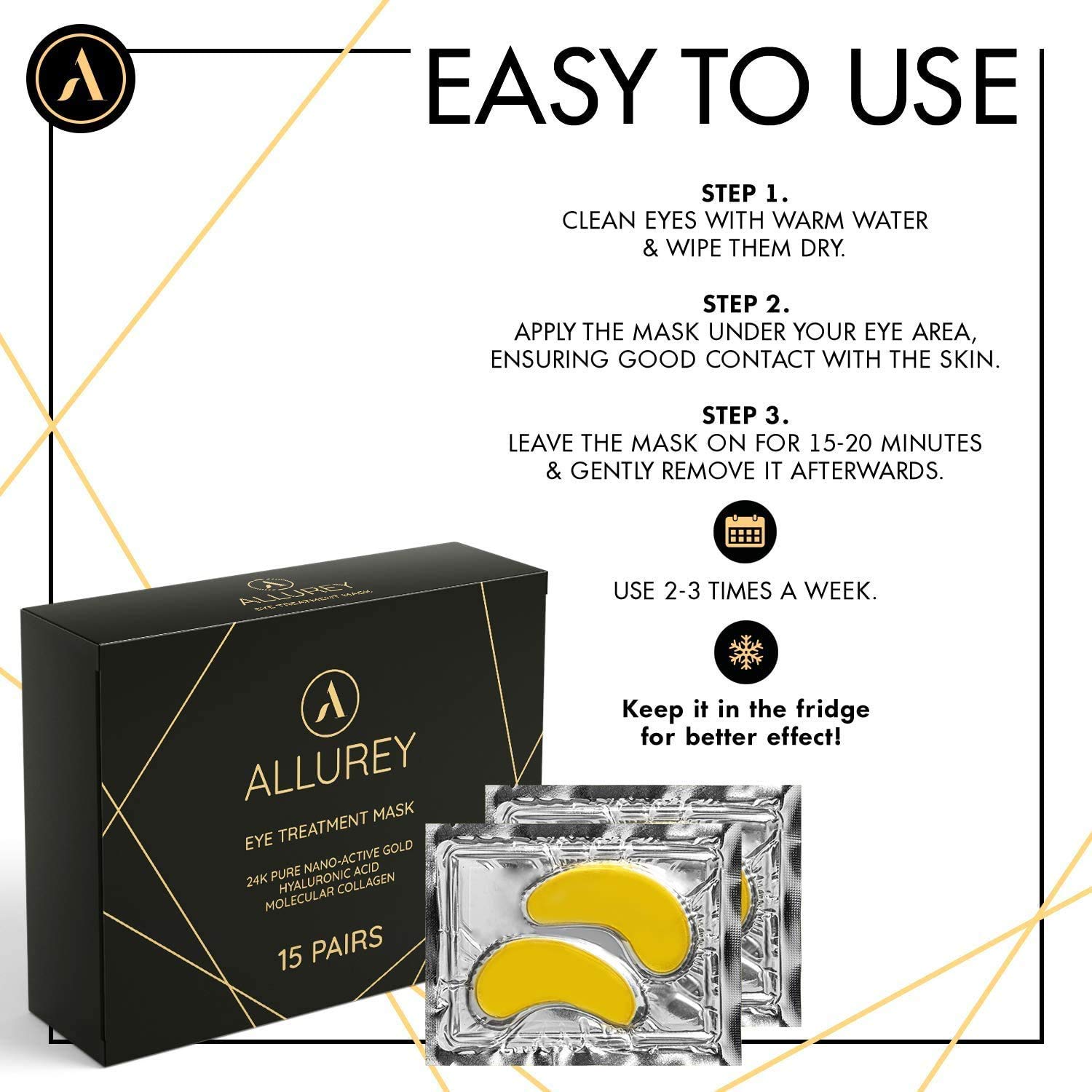 ALLUREY 24K Gold Collagen Eye Mask, Best Eye Treatment, Anti-aging and Anti-wrinkle Effect, Moisturizes, Reduces Puffiness and Dark Circles, Under Eye Patches (15 Pairs) : Beauty