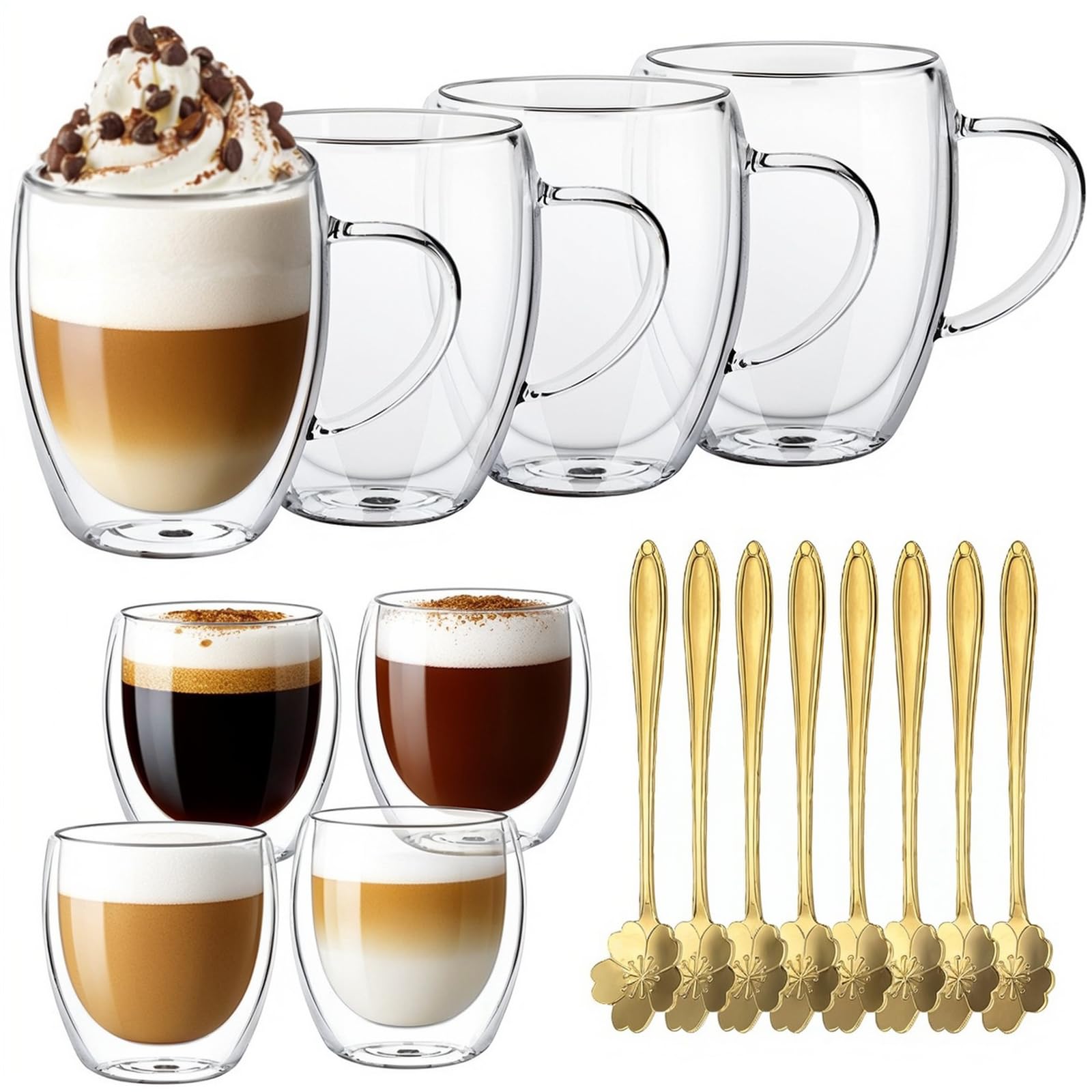 TBRFP Double Walled Glass Coffee Cups and Mugs,4x350ml & 4x80ml Heat Resistant Cappuccino Latte Macchiato Glasses Cups,Clear Borosilicate Glass Cup for Hot Drinks Tea Milk Juice Ice Cream