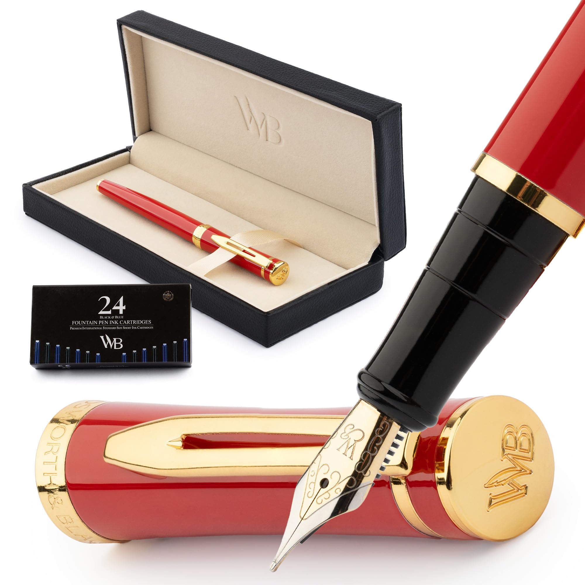 Wordsworth & Black - Fountain Pen Set, 18K Medium Gold Pen, 24 Ink Cartridges, Ink Refill Converter and Gift Box, for Calligraphy, Crimson Red