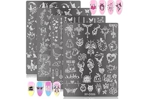 GROSPE 4Pcs Gothic Cute Nail Stamping Plate Set - Dark Kawaii Nail Art Templates, Stainless Steel Spooky Sweet Nail Stamp Plates with Skull & Lace Patterns for DIY Manicure Printing Tools