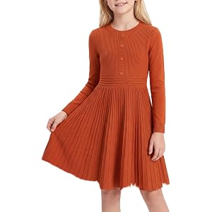 HOZIY Girls Sweater Dress Fall Long Sleeve Ribbed Knit A-Line 6-14Y | Front button, pleated hem, for back to school, casual w