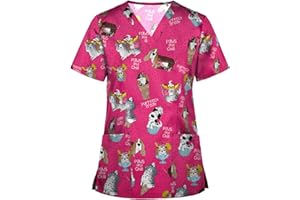 PETYCZEN Women's Scrub Tops Summer Cute Animals Print Short Sleeve V Neck T Shirts Stretchy Nursing Uniform Tops with Pockets