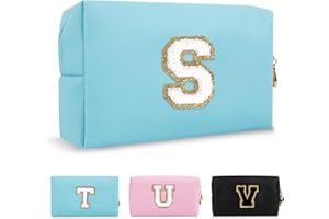 CHAOGREAT Small Personalized Initial A-Z Preppy Patch Makeup Bag,PU Chenille Letter Travel Cosmetic Pouch with Zipper,Blue Cute Toiletry Bag,Gift Ideal for Teen Girls Women Teacher Bridesmaid,Letter S