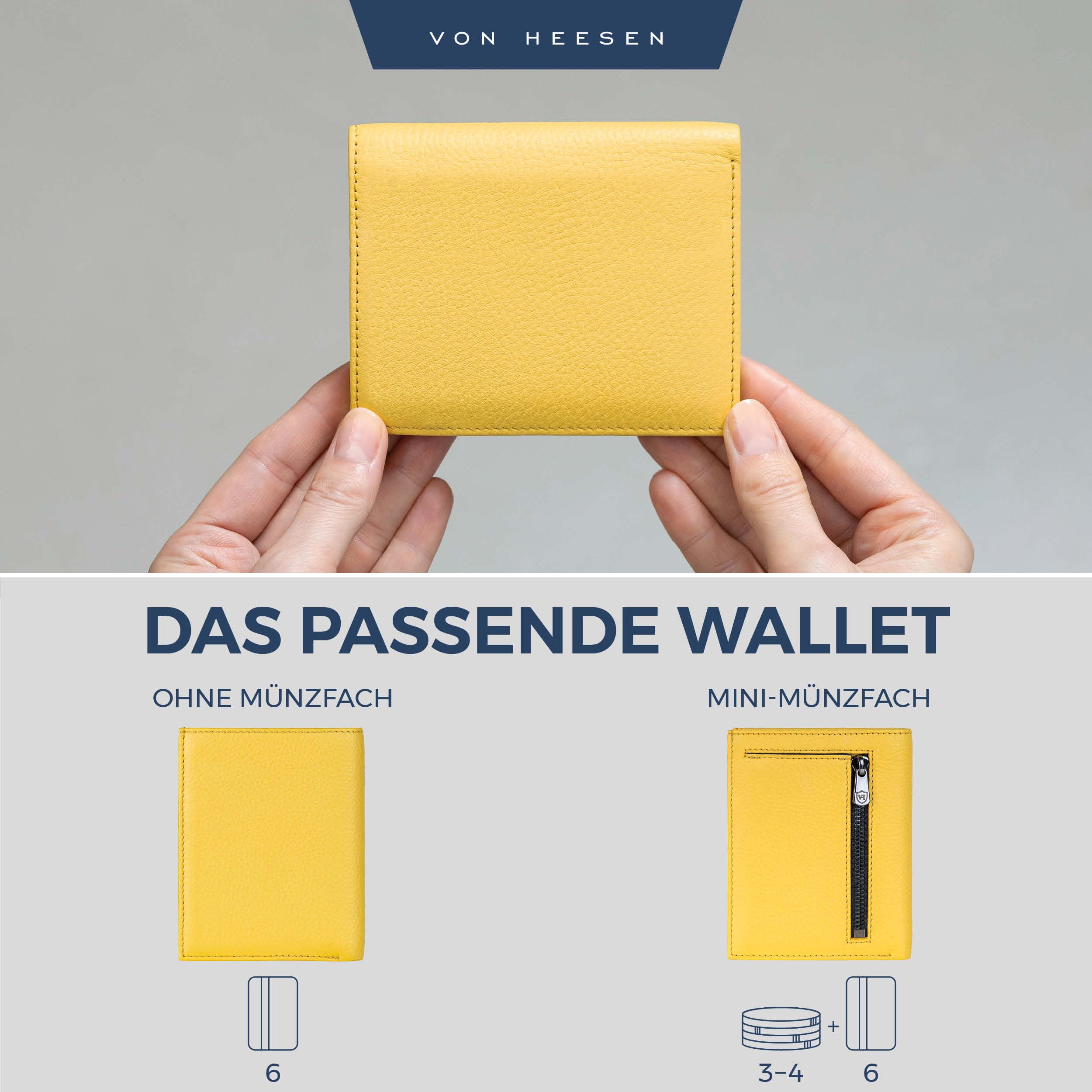 VON HEESEN Leder Geldbörse Herren mit Münzfach & RFID Schutz I Echtleder Geldbeutel für Männer & Damen I Portemonnaie Brieftasche Wallet Portmonee (Gelb, OHNE MÜNZFACH) 6