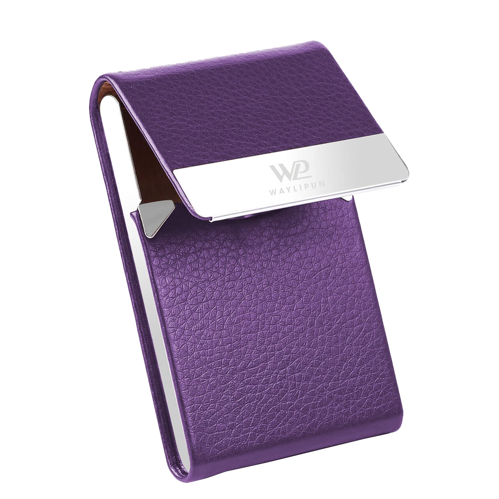 Waylipun Business Card Holders, Professional PU Leather Business Card Case, Slim Metal Pocket Card Holder with Magnetic Shut - Keep Business Cards in Immaculate Condition (Purple)