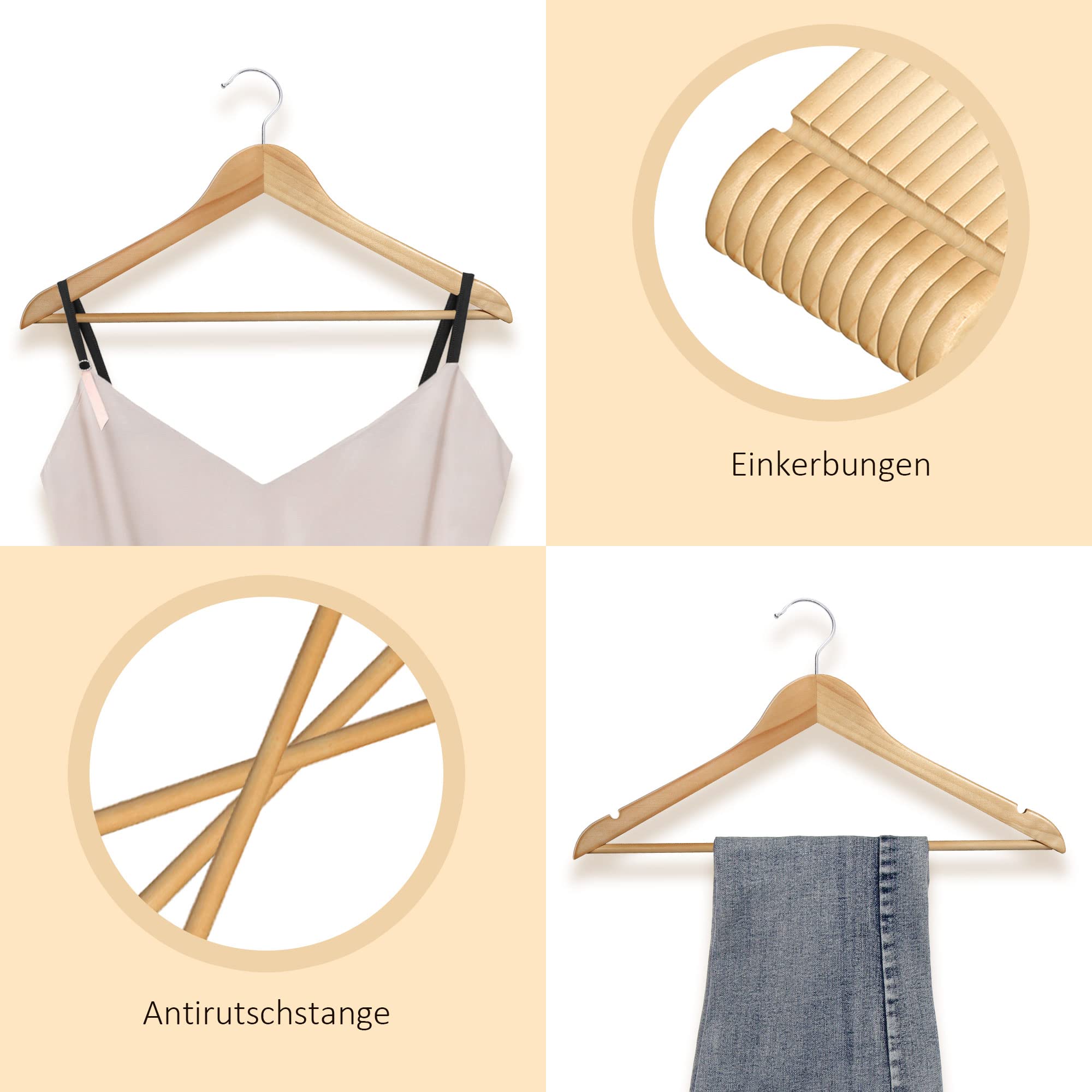 Ribelli Kleiderbügel Holz, 50 Stück, Anzugbügel Jackenbügel mit 360 Grad drehbarem Haken & runder Hosenstange & Schulterkerben, Holzbügel Bügel Geeignet für Mantel, Jacke, Anzug, Hosen, Hemden 3
