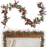 6FT Christmas Holly Garland with Berries Artificial Greenery Garland with with Holly Leaves Red Berry Pine Cone for Xmas Mantel Table Home Dining Room Deck Railing Staircase Decorations