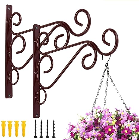 MFS Craft World Iron Wall Mount Hanging Plant Brackets, for Indoor Outdoor Planter Bird Feeder Lanterns Wind Chimes with Screws Pack of 2 (10 inch), Black