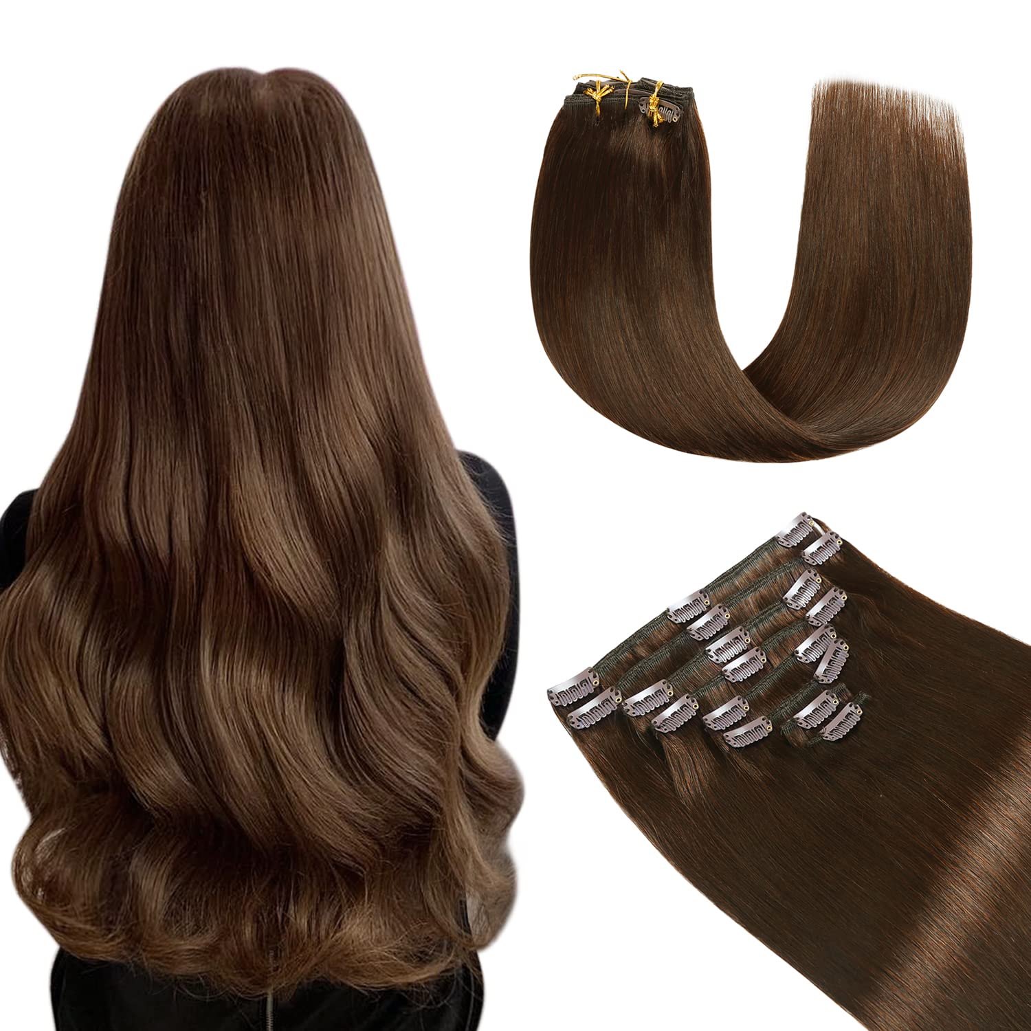 Yilite Hair Extensions Clip in 18 Inch Clip in Hair Extensions Human Hair Remy Natural Silky Straight Double Weft for Full Head #4 Medium Brown 120g 8pcs