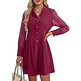 Happy Sailed Formal Dresses for Women Fall Wedding Guest Lace Long Sleeve Button Slim A Line Mini Dress