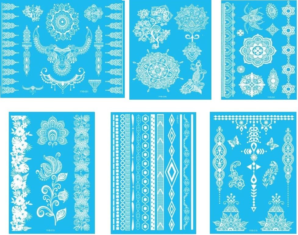 6 Sheet White Temporary Tattoos & Boho Designs Temporary Jewelry Tattoo for Body G/3W