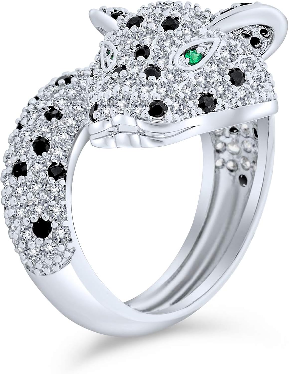 Bling Jewelry Green Eye Black White Cubic Zirconia CZ Fashion Leopard Panther Cat Statement Bypass Ring For Women Silver Plated Brass