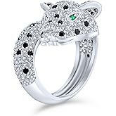 Green Eye Black White Cubic Zirconia CZ Fashion Leopard Panther Cat Statement Bypass Ring For Women Silver Plated Brass