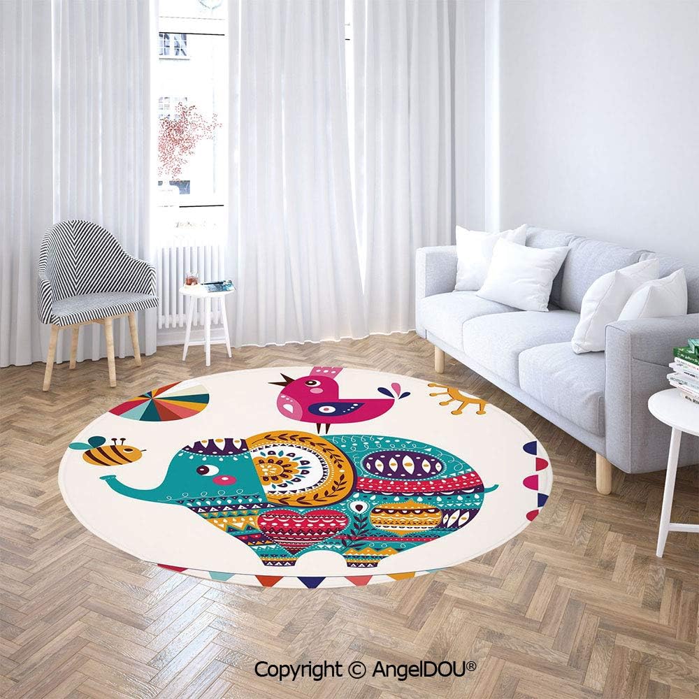 Homenon Luxury Round Rugs Cute Eastern Inspired Elephant Bird and Bee Oriental Themed Art Design Sun Area Rugs for Kids Baby Bedroom Circle Carpet Nursery Rugs Dia. 3'4''(100cm)