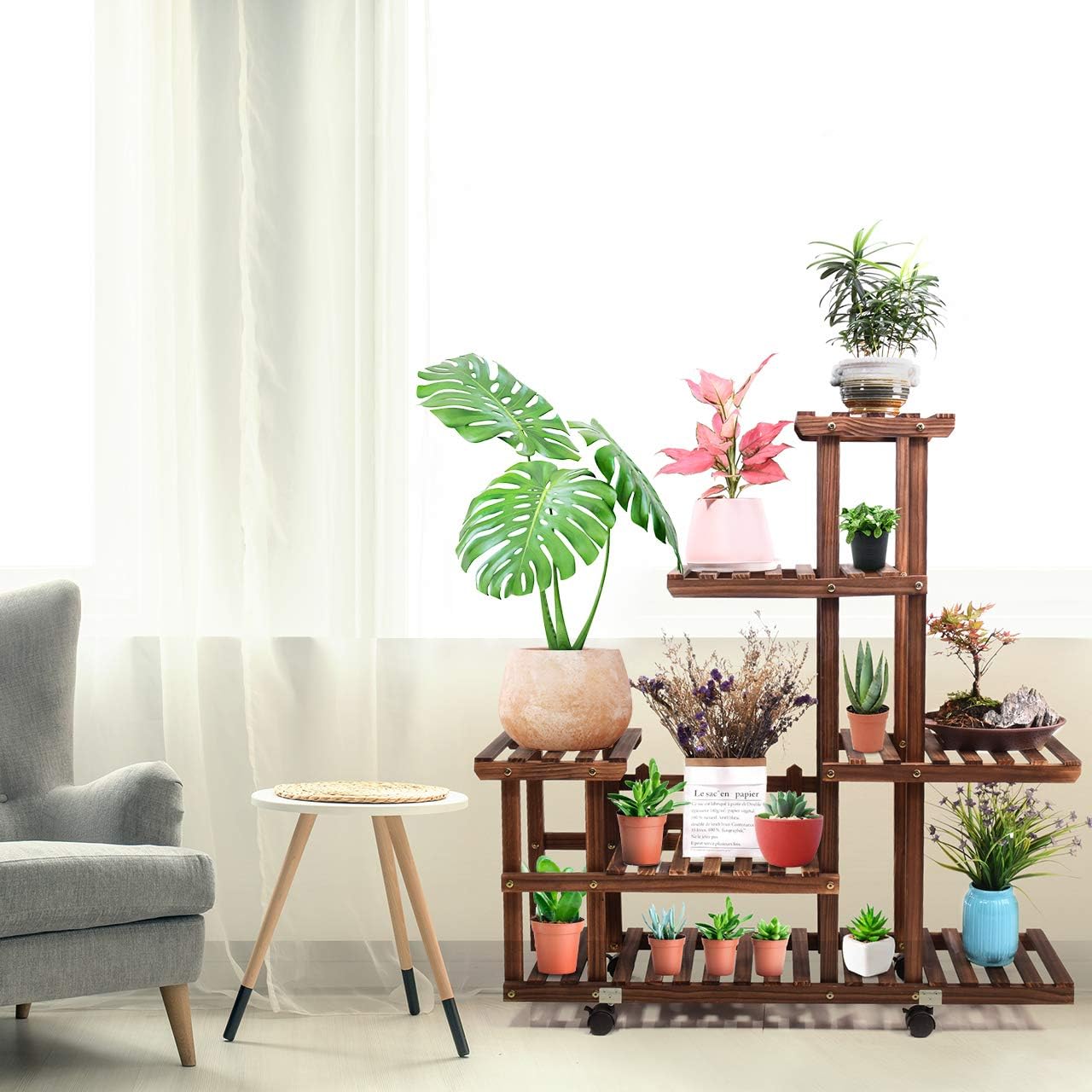 cfmour Wood Plant Stand Indoor Outdoor, Wooden Plant Display Multi Tier Flower Shelves Stands, Garden Plant Shelf Rack Holder Organizer in Corner Living Room Balcony Patio Yard (11-13 Flowerpots) : Garden & Outdoor
