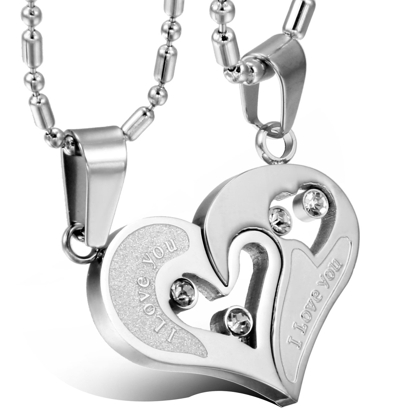 Oidea 2PcsStainless Steel Couples Shiny Rhinestone Inlaid Love Heart Matching Pendant Necklace for Couples,Valentines Gifts