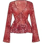 SOLY HUX Women's Plus Size Boho Peplum Blouse Tie Front Deep V Neck Bell Sleeve Mesh Asymmetrical Tops