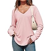 Tankaneo Womens Deep V Neck Tunic Tops Long Sleeve Oversized Casual Loose Fit Curved Hem T Shirts