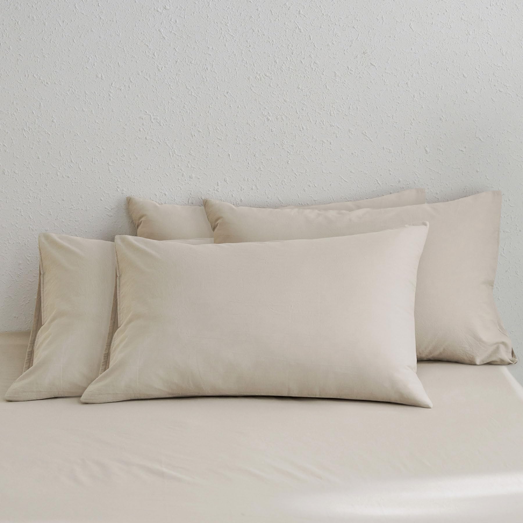 Photo 1 of MooMee Bedding Pillowcases Pack of 4 100% Washed Cotton Linen Like Textured Breathable Durable Soft Comfy (Heathered Cream Grey, Queen)