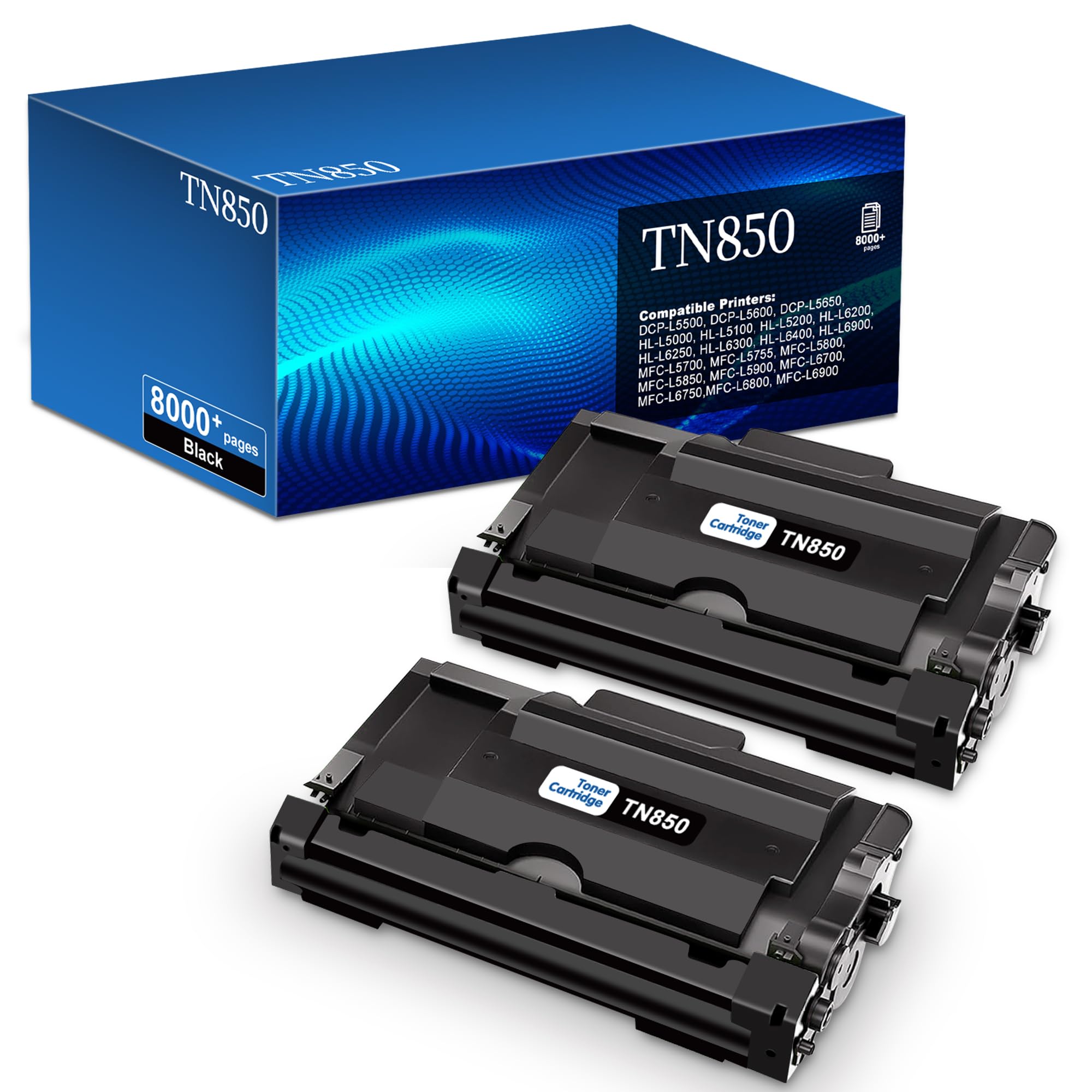 Photo 1 of TN850 2PK High Yield Toner Cartridge (2X 8,000 Pages) Compatible for Brother TN850 TN-850 Toner Cartridges for Brother HL-L6200dw HL-L5200dw MFC-L5850dw MFC-L5700dw MFC-L5900dw Printers (Color:Black)