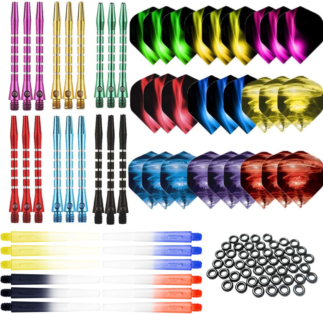 BIPY 107/Pack Dart Stems and Flights Set in 2BA Medium Aluminum Metal and Plastic Shafts 2D Flights and O Rings Professional Dart Accessories Kit Perfect Accessories for Indoor Dart Games …