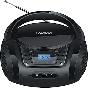 LONPOO CD Player Portable Boombox with FM Radio/USB/Bluetooth/AUX Input and Earphone Jack Output, Stereo Sound Speaker & Audio Player,Black