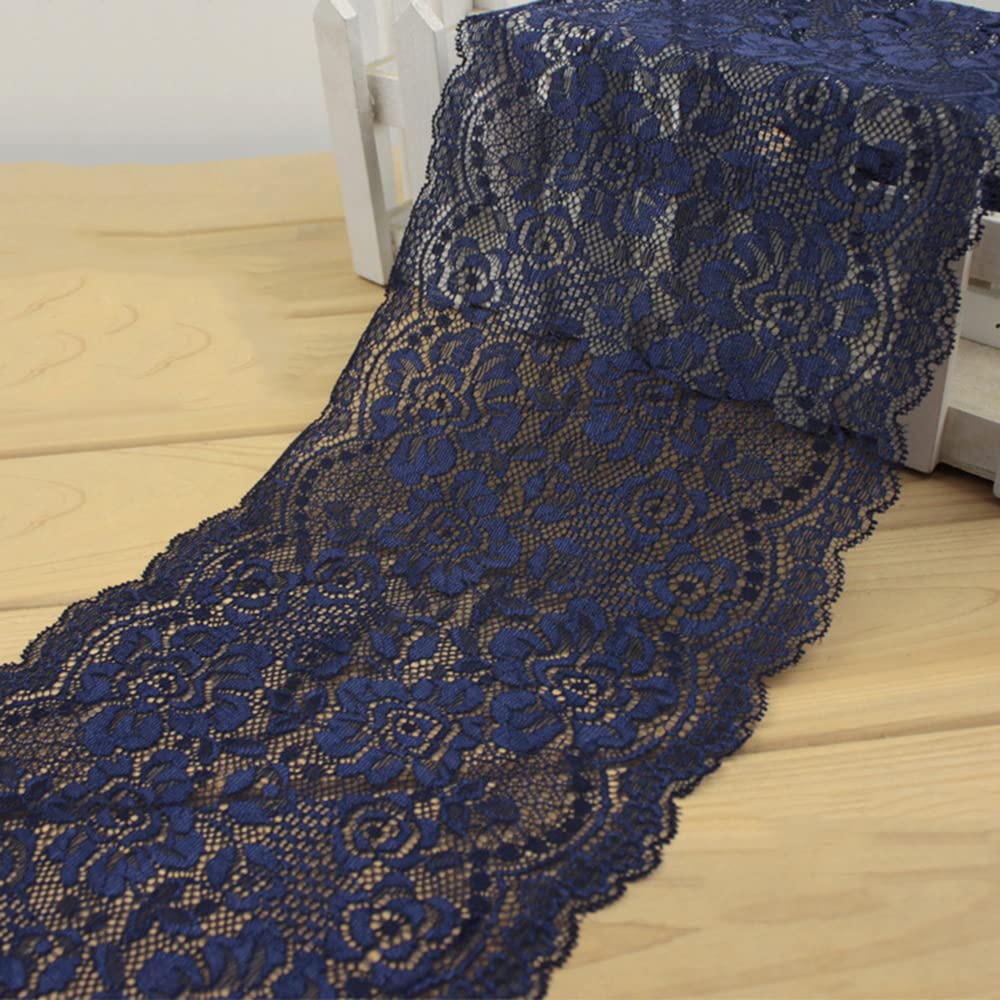 2 Metres 18 cm Wide Colourful Elasticity Lace Border Lace Ribbon Peony Flowers Lace Trim Decorative Ribbon Lace Fabric for Sewing DIY Crafts Clothing Underwear Decoration Navy Blue