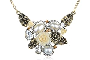 Alilang Womens Antique Golden Tone Faux Pearl Floral Flower Cream Rose Bib Necklace