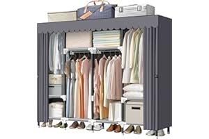 LOKEME Portable Closet, 67 Inch Wardrobe Closet for Hanging Clothes with 4 Hanging Rods, 25mm Steel Tube Clothes Storage Organizer for Extra Sturdy, Quick and Easy to Assembly, Gray Cover