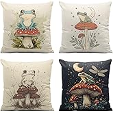 LYPHJM Cute Frog Throw Pillow Covers 18x18 Inch Set of 4 Retro Mushroom Moon Stars Dragonfly Decorative Throw Pillow Case Cushion Case for Sofa Couch Outdoor Decor