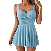 B2prity Women's One Piece Swimdress Swimsuit Tummy Control Swim Dress Slimming Modest Bathing Suit Color Block Swimwear