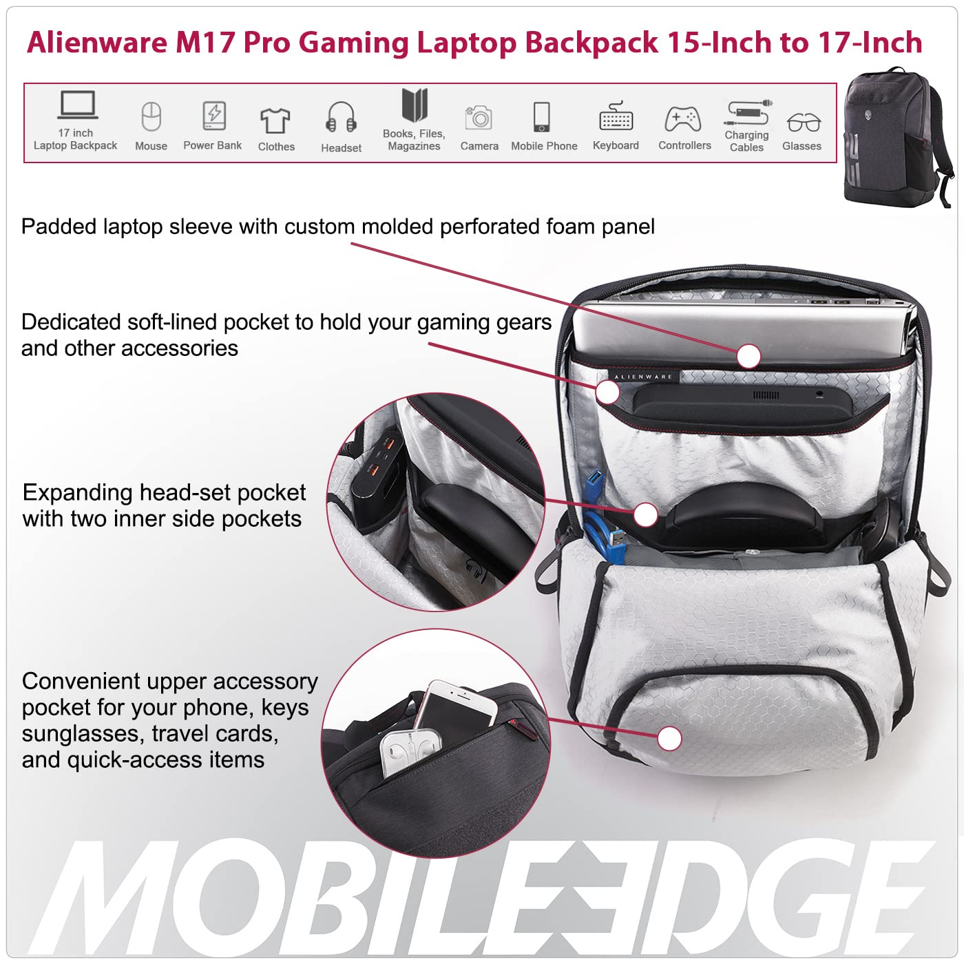 Mobile Edge 23L Backpack for Men and Women, Designed for and Compatible with Alienware M15, M17 Gaming Laptops, Gray/Black, 15