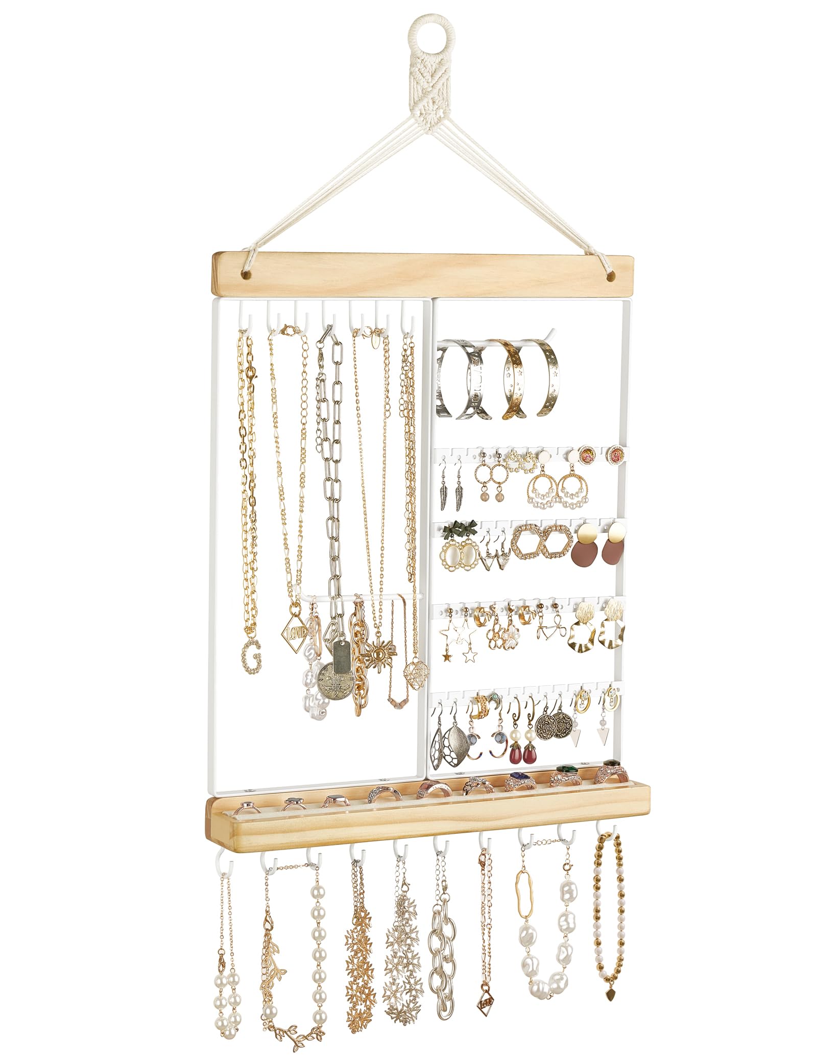 Photo 1 of Mkono Hanging Jewelry Organizer Wall Mounted Earring Holder Metal Necklace Holder Wood Shelf with 55 Holes and 7 Hooks Display Rack For Storage Bracelet Rings Ear Studs Accessories Women Bedroom Decor