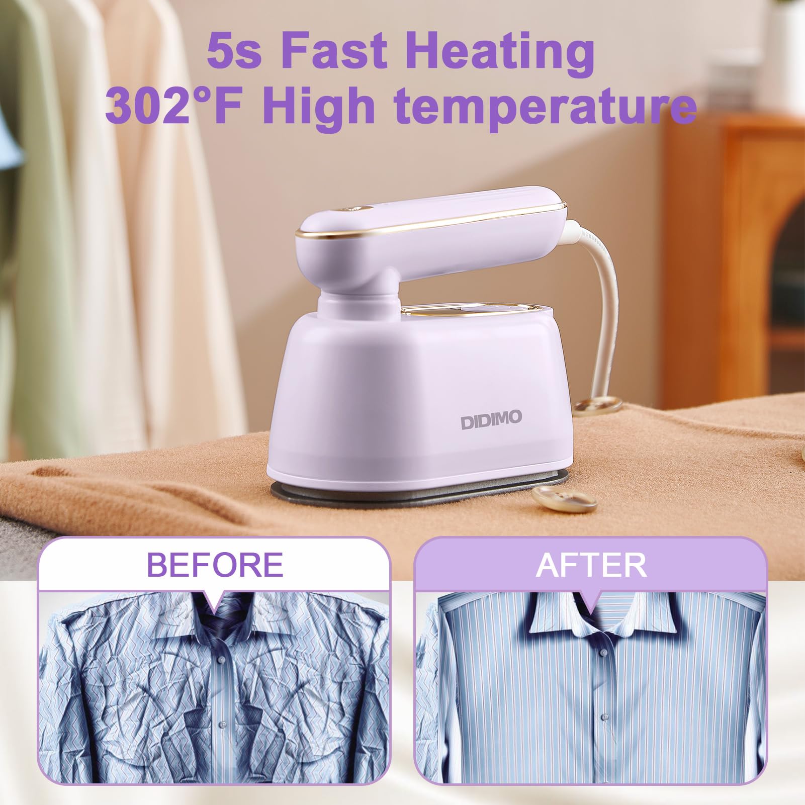 Travel Steamer, Dry & Wet 2 in 1 Portable Steamer for Clothes, 180° Rotatable Mini Steam Iron, Portable Iron for Home, Travel, Dorm, Gifts, School Gift, Home Essential (Purple)