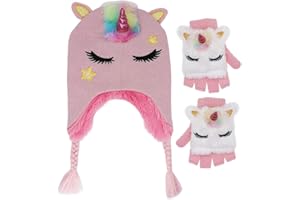 NEWFANCY Kids Girls Cute Glitter Unicorn Beanie Winter Hat and Glove Set Knitted Earflap Cap Flip Top Mitten Set