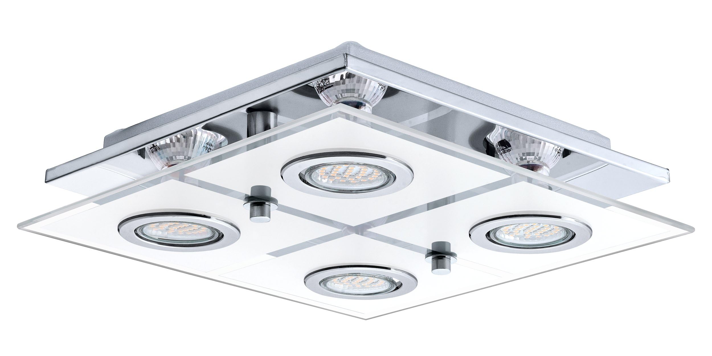 Eglo LED Ceiling lamp Cabo, 4-Light Ceiling Spotlight, Stainless Steel and Frosted Glass, Living Room lamp in Chrome, White, Clear, Kitchen and Hallway lamp with GU10 Fitting, 29 x 29 cm