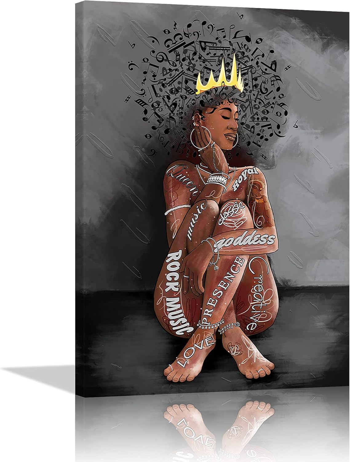 Black Queen Music Hair Wall Art Abstract Canvas African Women Bedroom Office Artwork Painting Music Note Wall Decor Love Music and tattooed Girl Poster Contemporary Home Decor Framed Ready to Hang